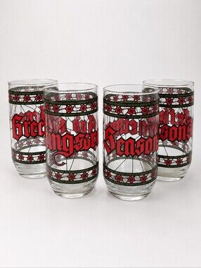 Vintage Houze Christmas Holiday Highball Glasses Set 4 Season's Greetings